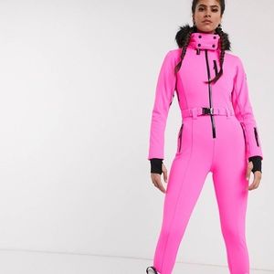 ASOS 4505 ski fitted belted ski suit with faux fur hood